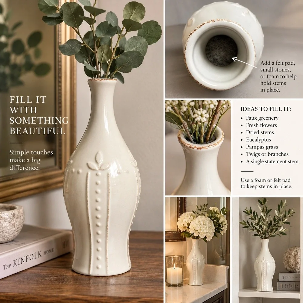 White Ceramic Bud Vase Embossed Floral Dotted Detail Iridescent Gloss 11.5 inch